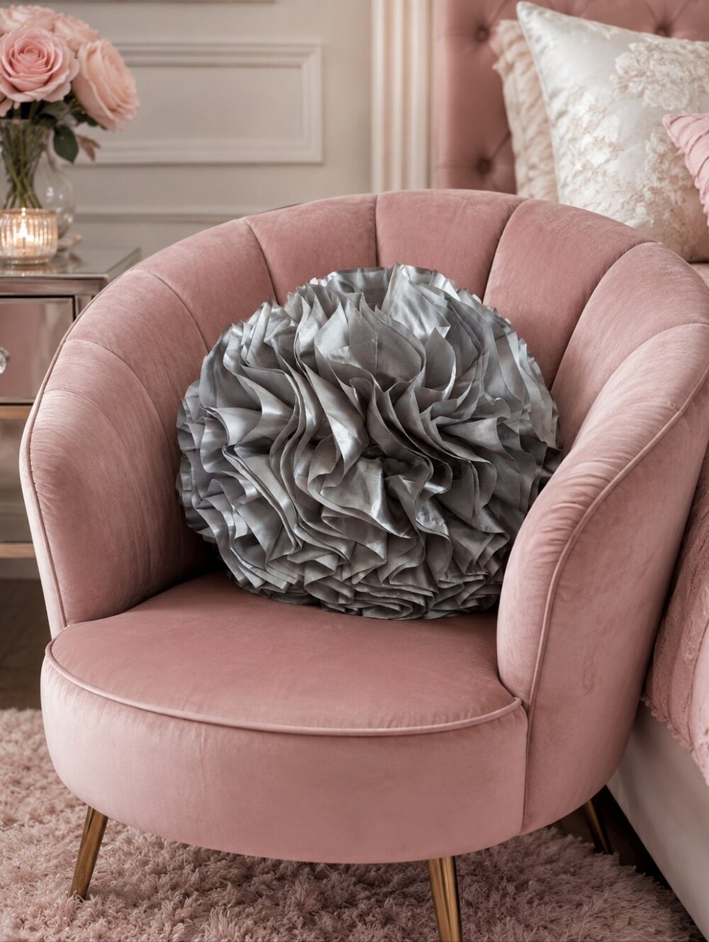 THRŌ Thro by Mario Lorenz Satin Ruffle Rosette Silver Throw Pillow 23" round